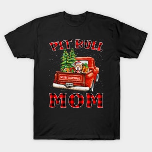 Christmas Pit Bull Mom Santa Hat Truck Tree Plaid Dog Mom Christmas T-Shirt
